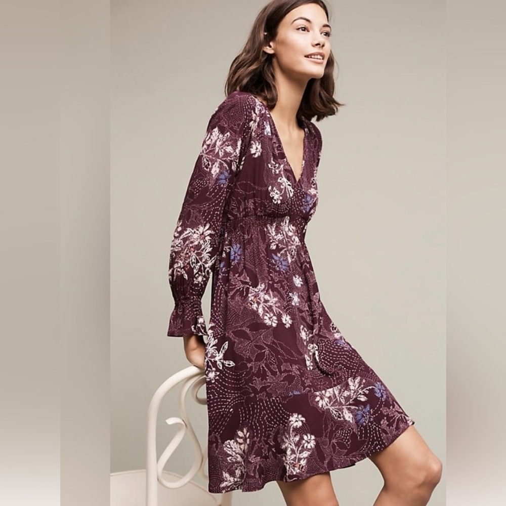 Anthropologie Maeve Floral Long Sleeve MIDI Burgundy Dress Sz Large